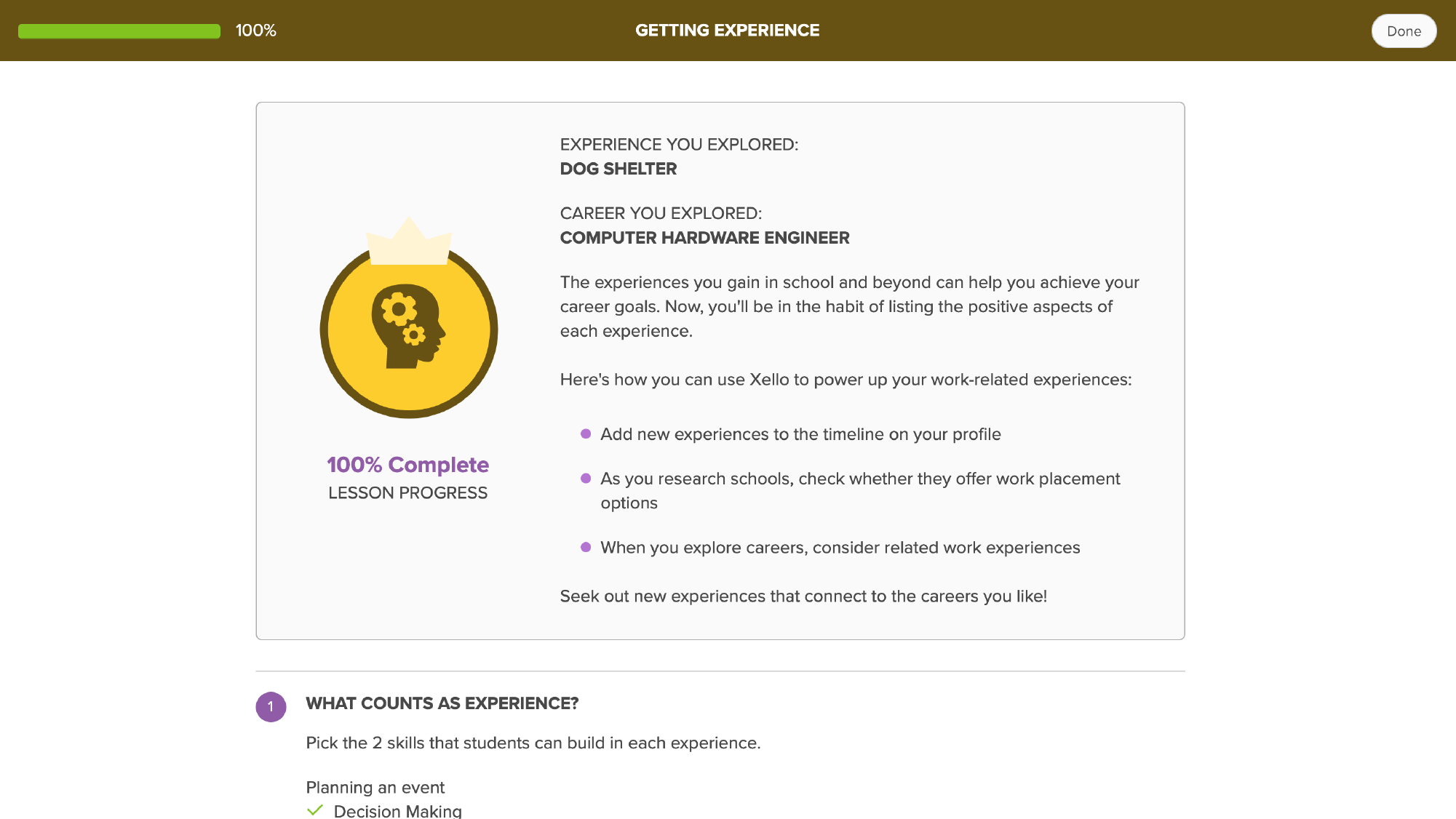 Last page in a Xello lesson, showing completion and the student's reflection answers